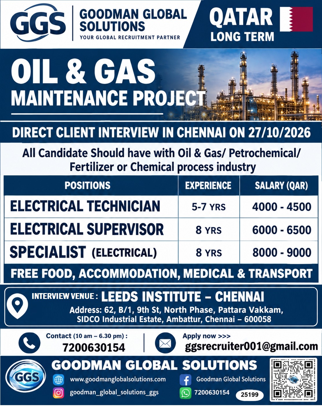 QATAR  – LONG TERM (OIL & GAS MAINTENANCE – PROJECT) DIRECT CLIENT INTERVIEW IN CHENNAI @ 27/10/2026