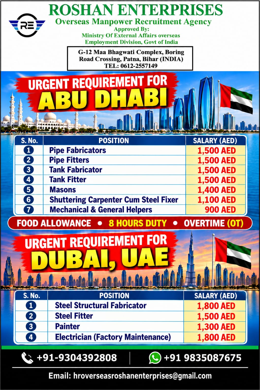 URGENT REQURIMENT FOR DUBAI, ABU DHABI