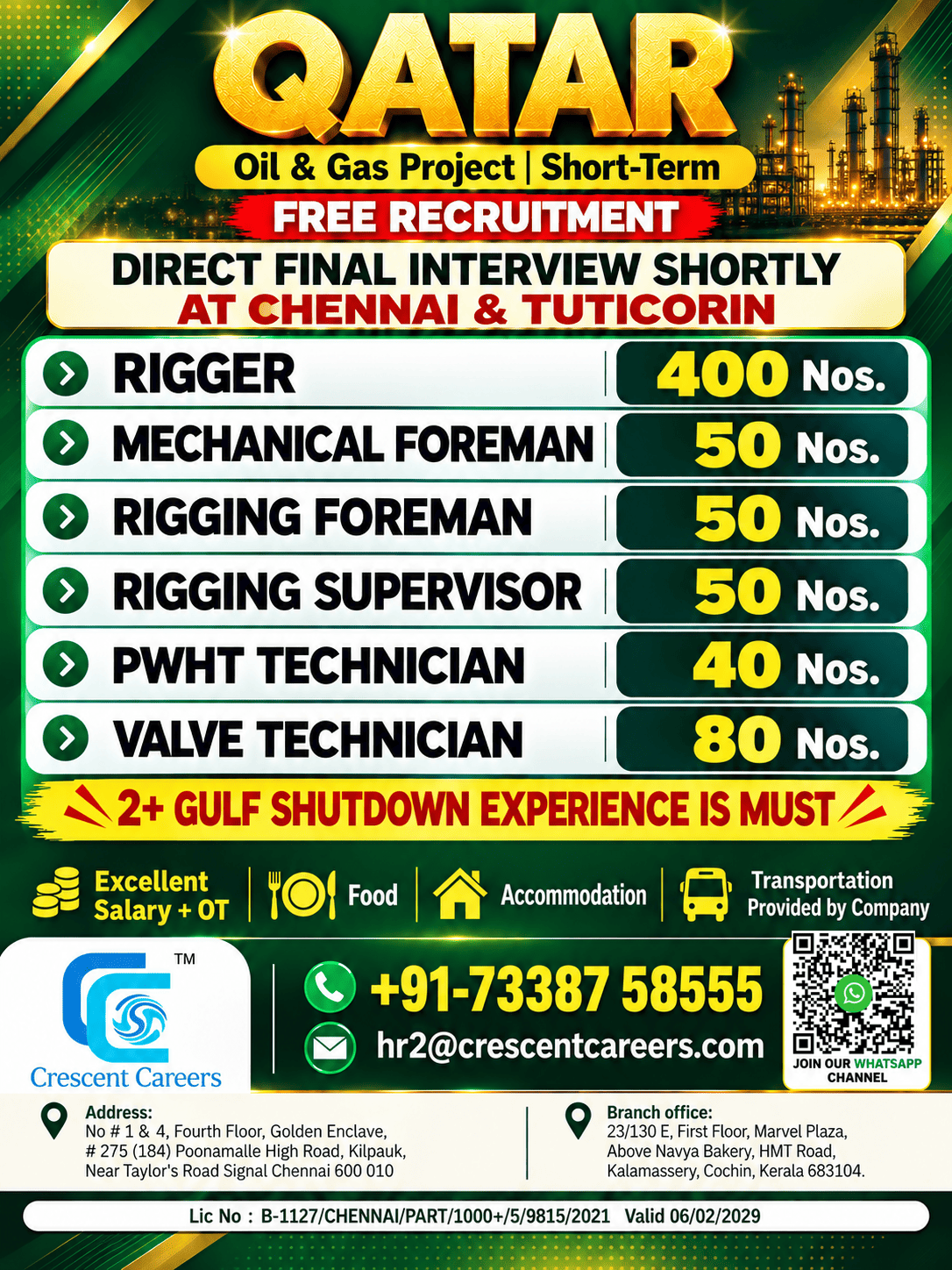 🇶🇦 QATAR OIL & GAS SHUTDOWN PROJECT | 🚨 FREE RECRUITMENT – CRESCENT CAREERS