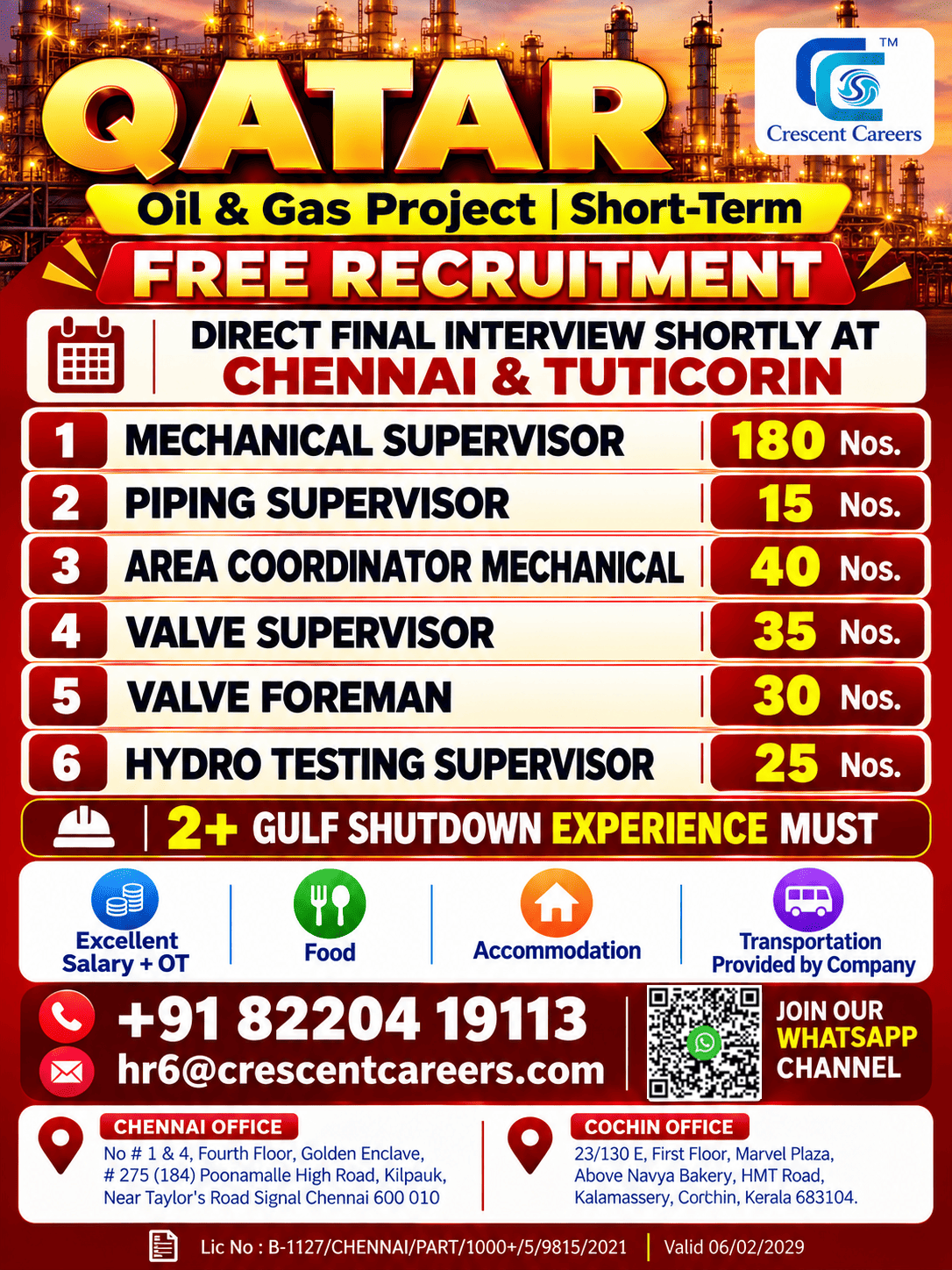 🇶🇦 QATAR OIL & GAS SHUTDOWN PROJECT | 🚨 FREE RECRUITMENT – CRESCENT CAREERS
